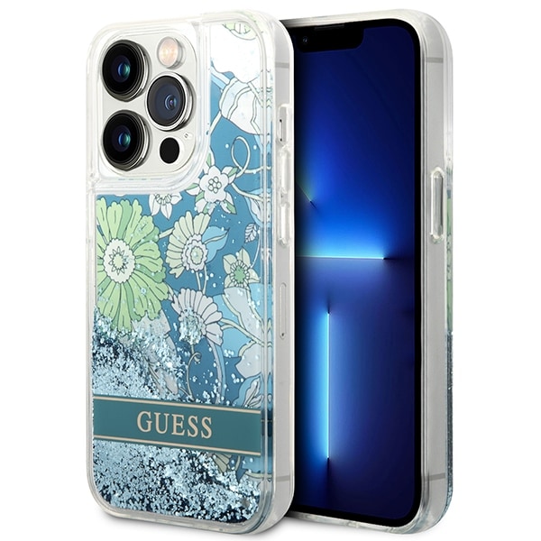 Guess GUHCP14LLFLSN iPhone 14 Pro 6,1" grön/grönt hårdplastfodral Flower Liquid Glitter