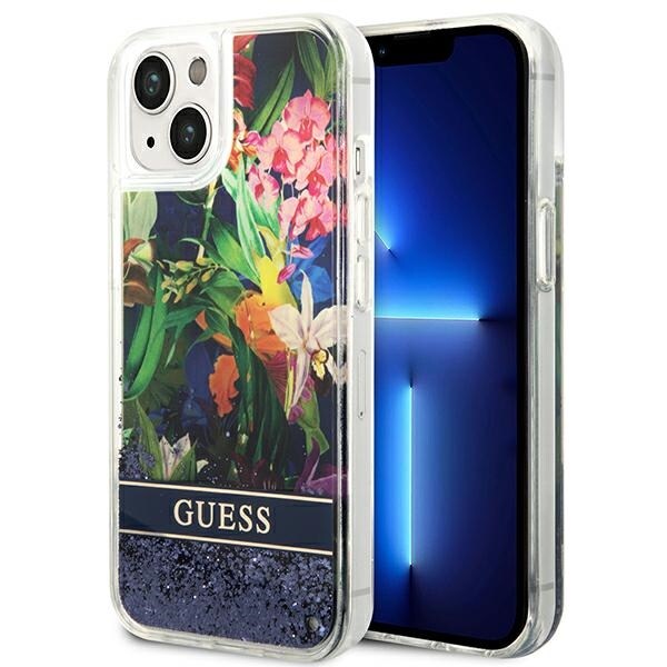 Guess GUHCP14SLFLSB iPhone 14 6,1 "blå / blå hårda fodral Flower Liquid Glitter