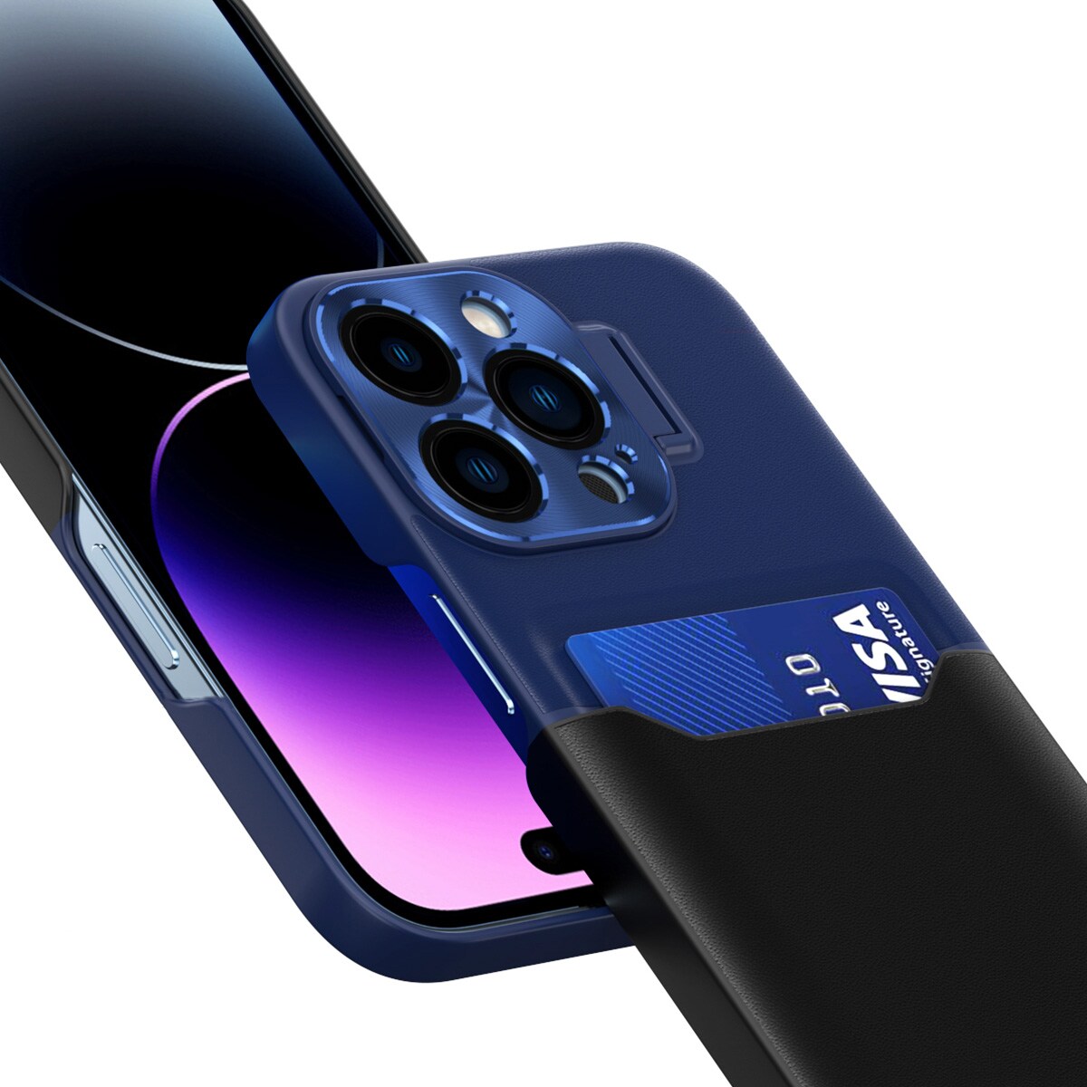 Läderfodral för iPhone 14 kortfodral plånbok med stativ blå