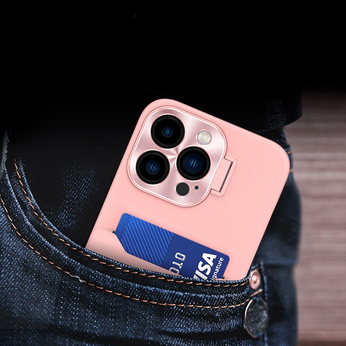 Läderfodral med stativ för iPhone 14 Plus Kort Plånbok Skydd med stativ Rosa