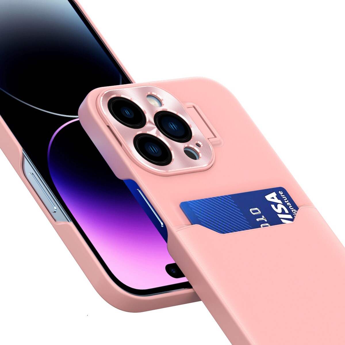 Läderfodral med stativ för iPhone 14 Plus Kort Plånbok Skydd med stativ Rosa