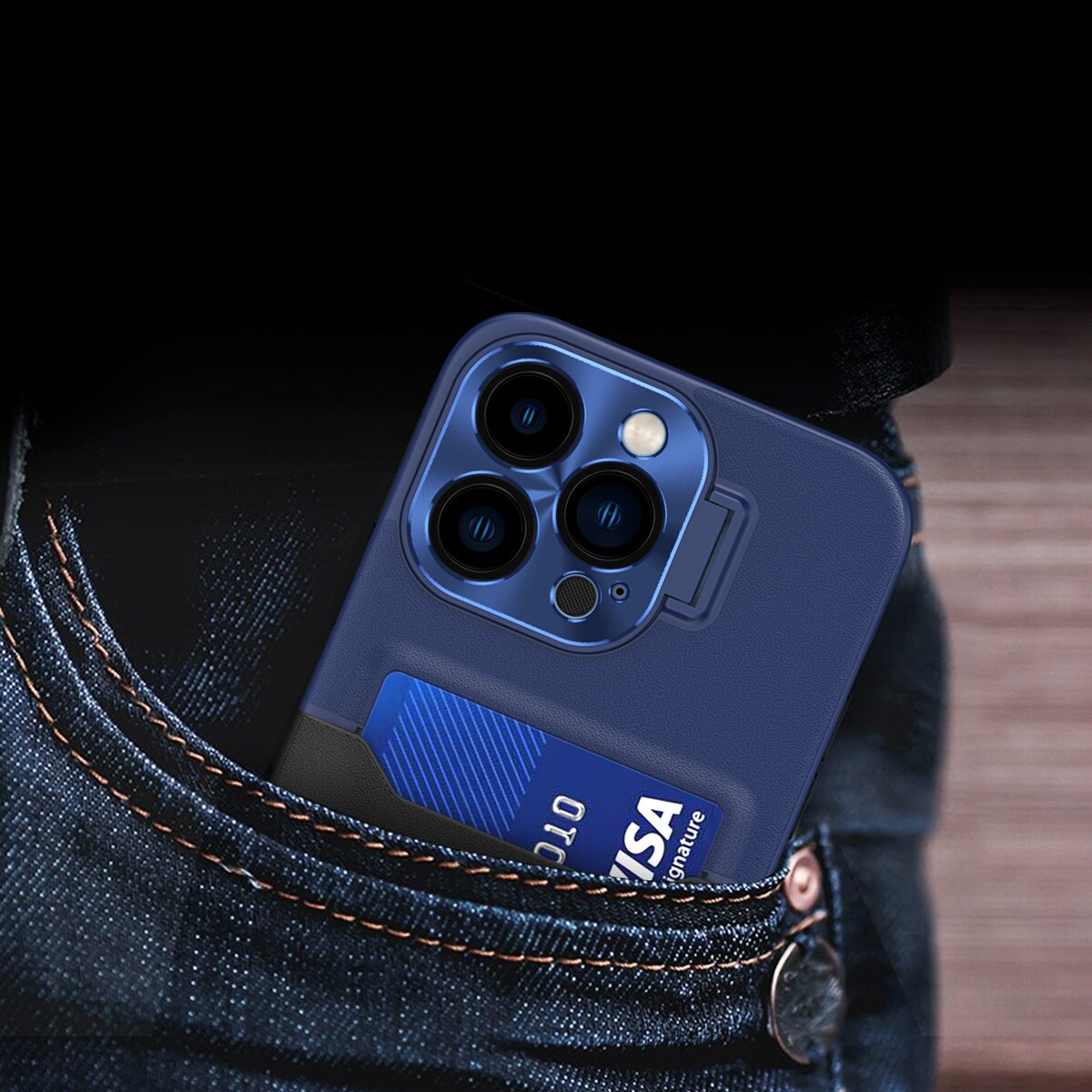 Läder Stativ Fodral fodral för iPhone 14 Plus omslag kort plånbok med stativ blå