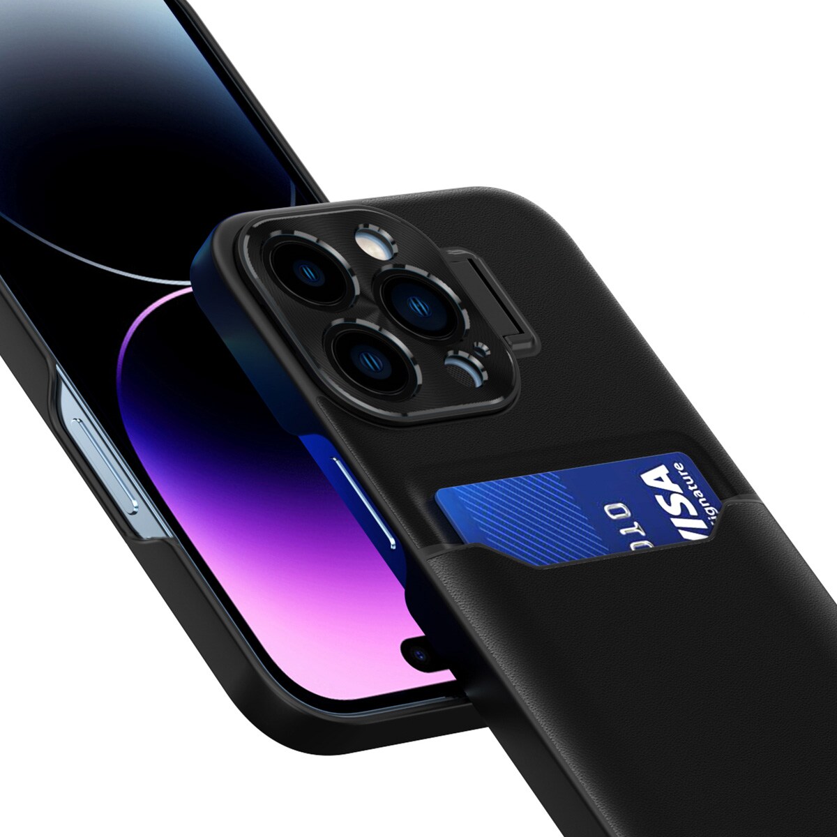 Läder Stativ Fodral fodral för iPhone 14 Pro skydd kort plånbok med stativ svart