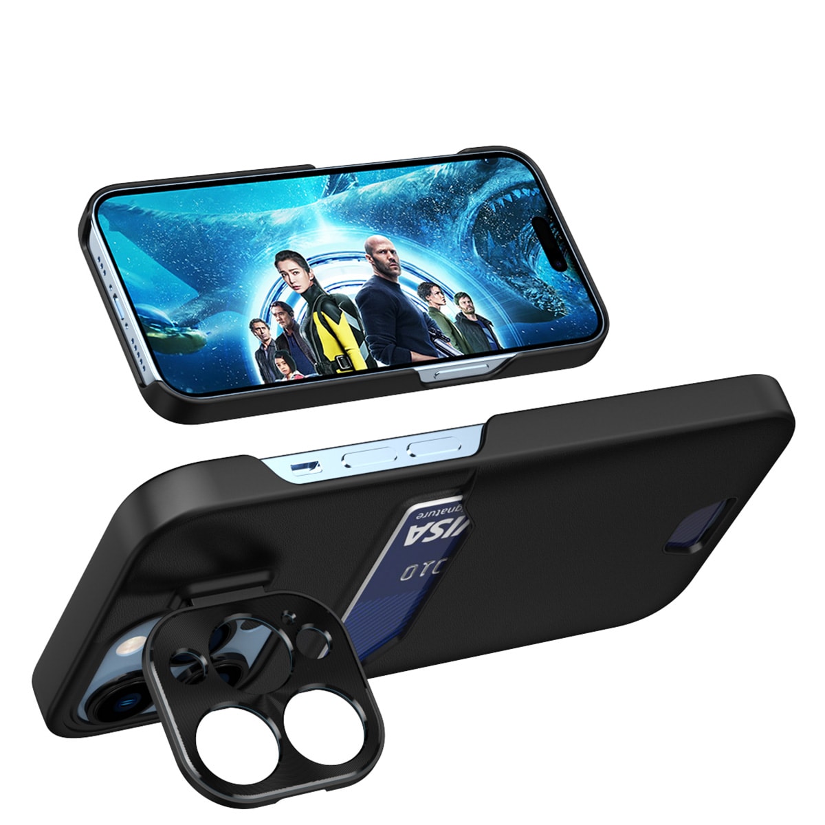 Läder Stativ Fodral fodral för iPhone 14 Pro skydd kort plånbok med stativ svart