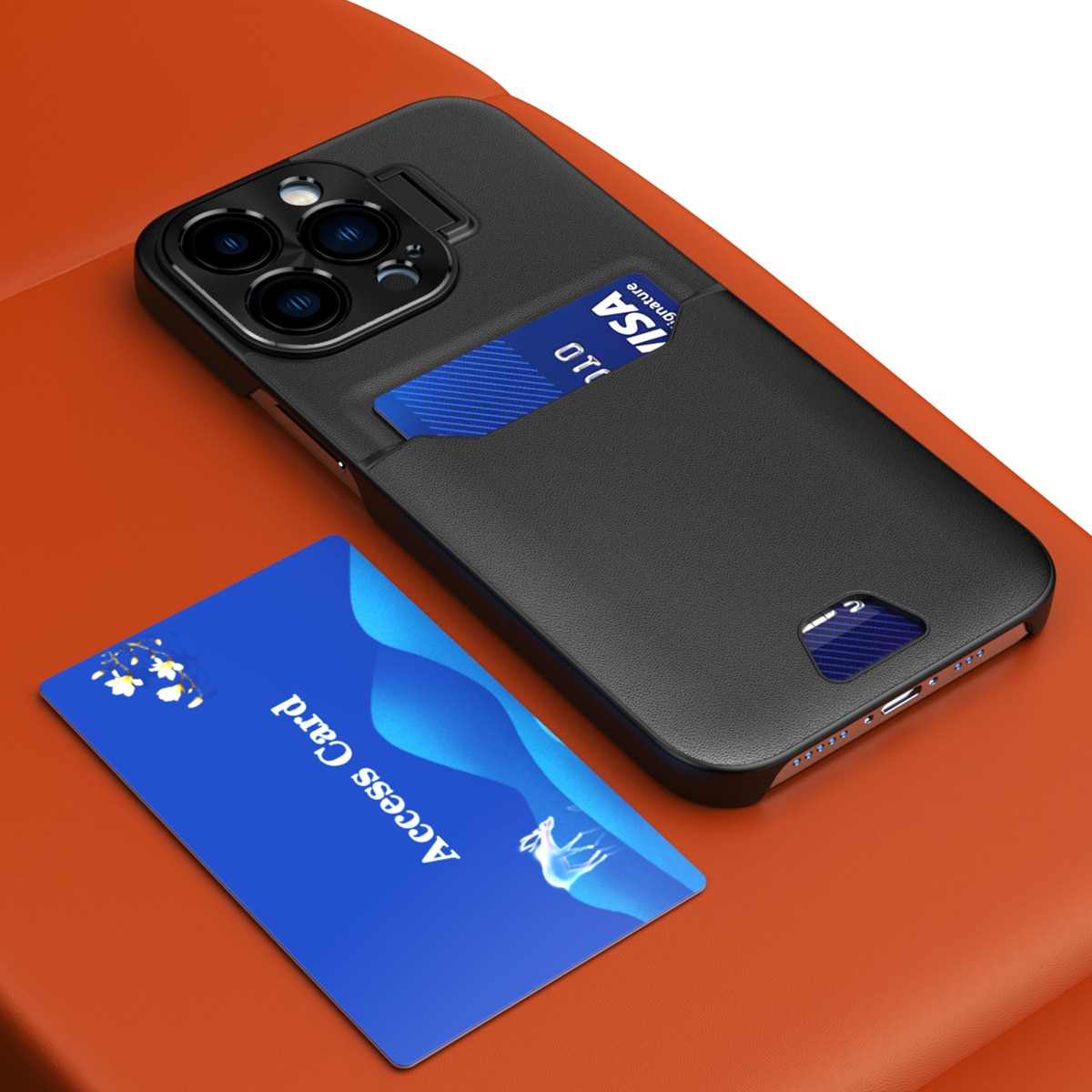 Läder Stativ Fodral fodral för iPhone 14 Pro skydd kort plånbok med stativ svart