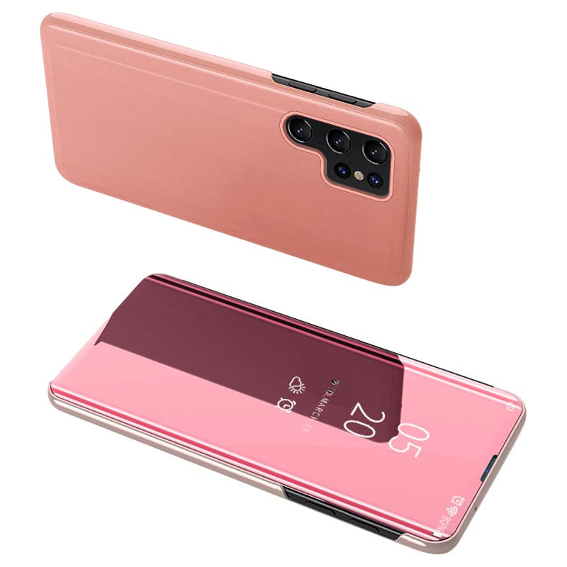 Clear View Case-skydd för Samsung Galaxy S23 Ultra-skydd med en flik rosa