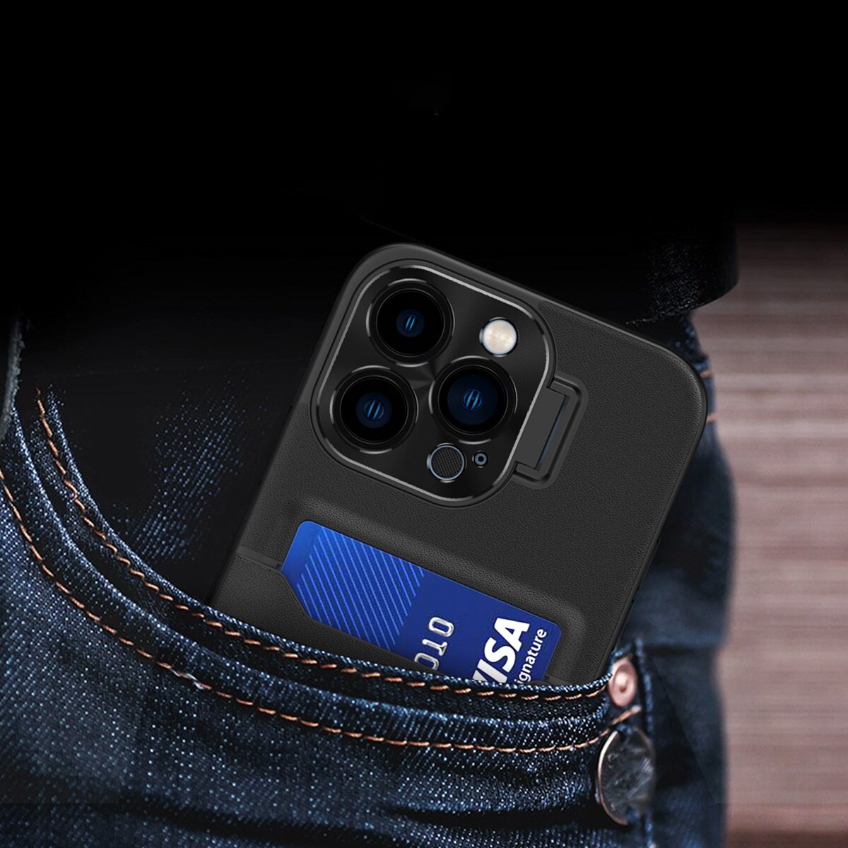 Läder Stativ Fodral för iPhone 14 Pro Max skydd kort plånbok med stativ svart