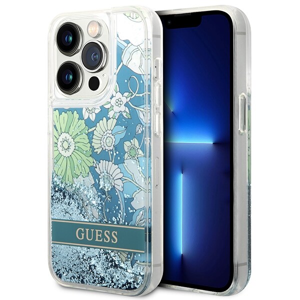 Guess Flower Liquid Glitter-fodral för iPhone 14 Pro Max - grönt