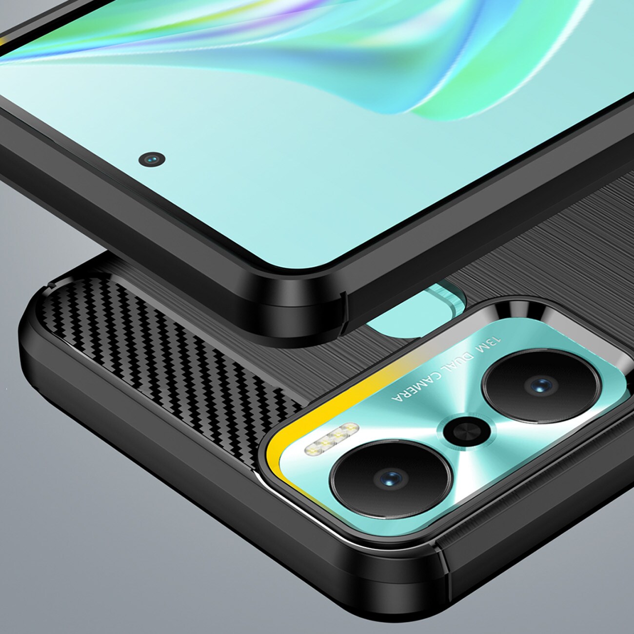 Carbon Case etui til Infinix Hot 20 Play fleksibelt silikone carbon cover sort