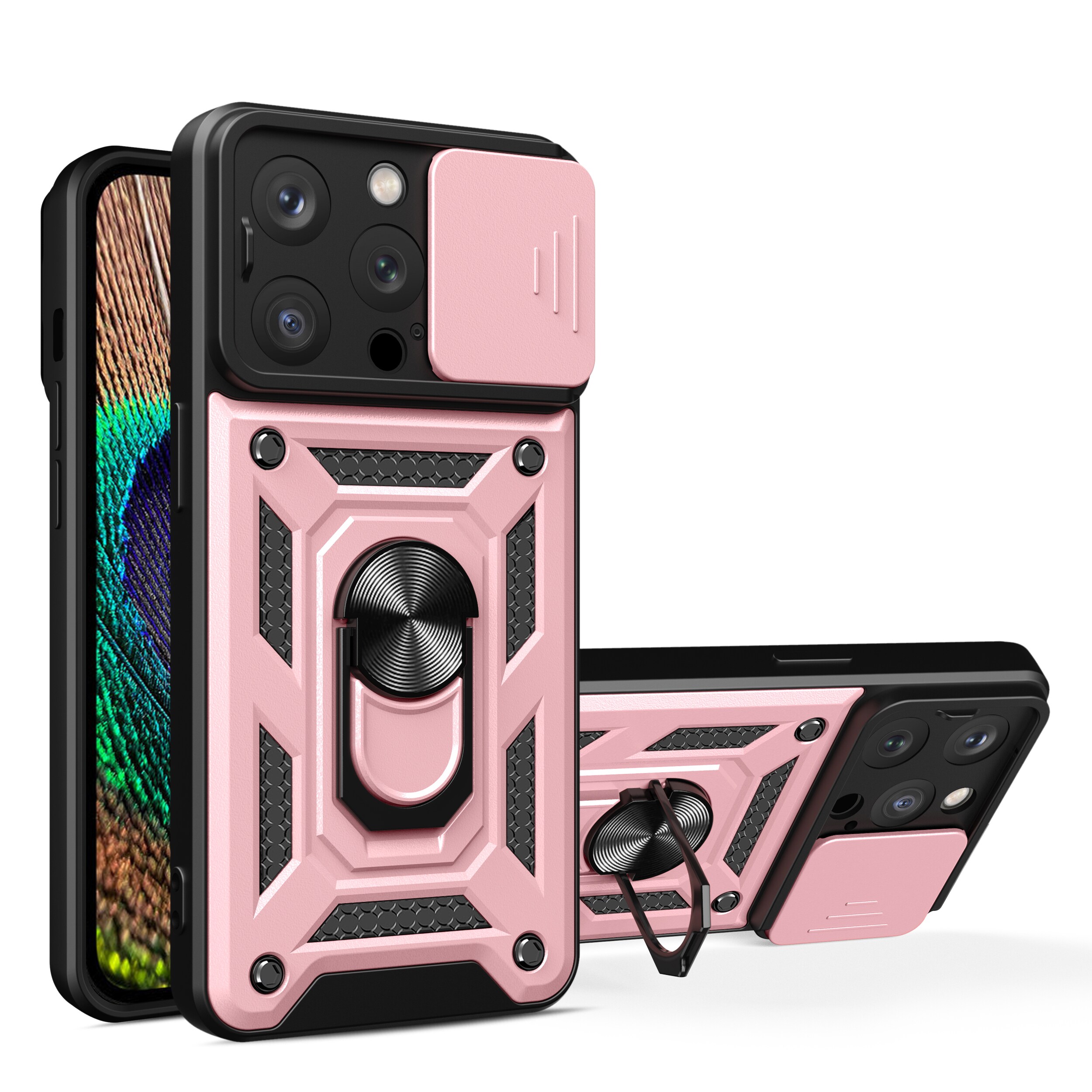 iPhone 15 Pro Max Hybrid Armor Camshield-fodral med kickstand och kameraskydd - Rosa