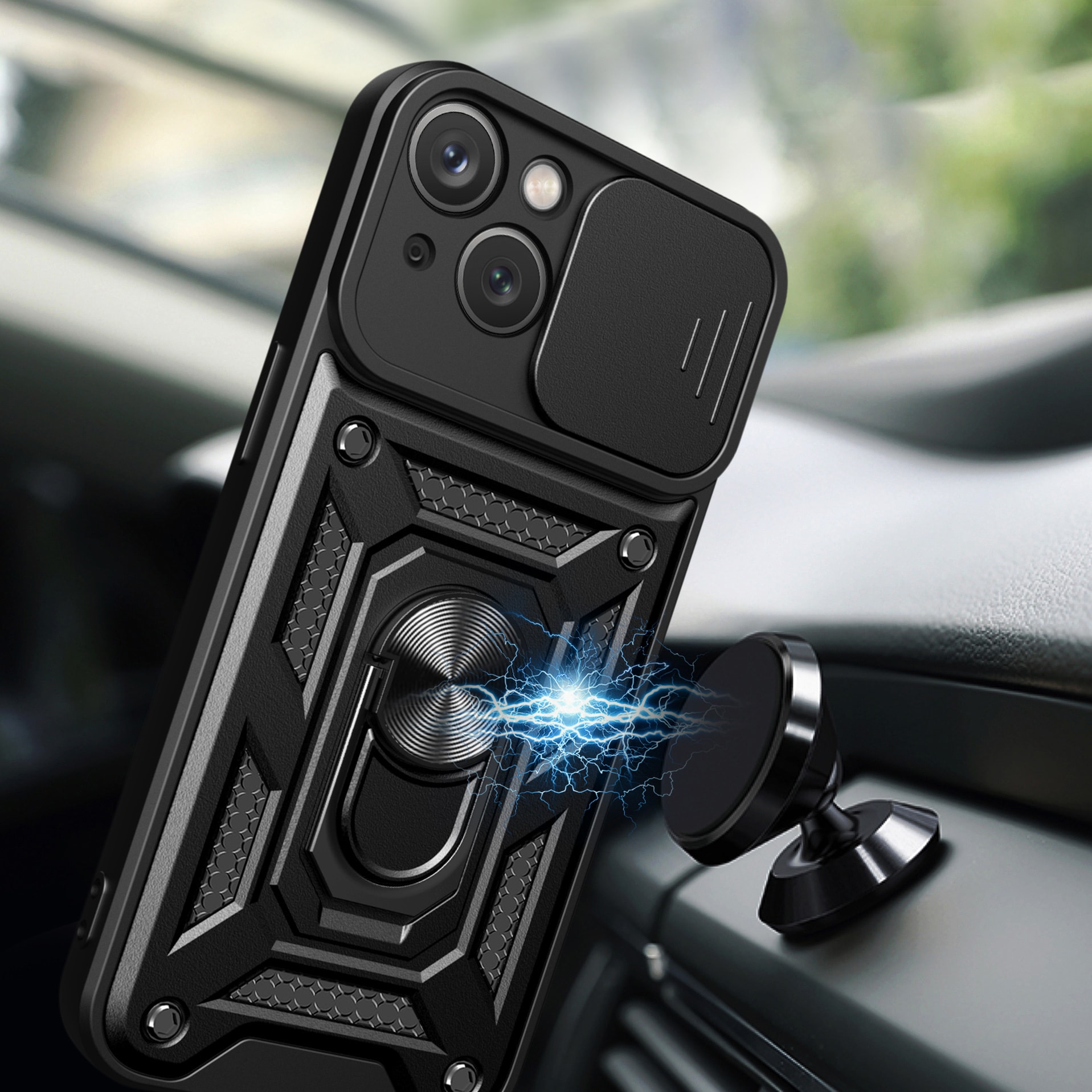 Hybrid Armor Camshield-fodral med stativ och kameraskydd för iPhone 15 Plus - Rosa