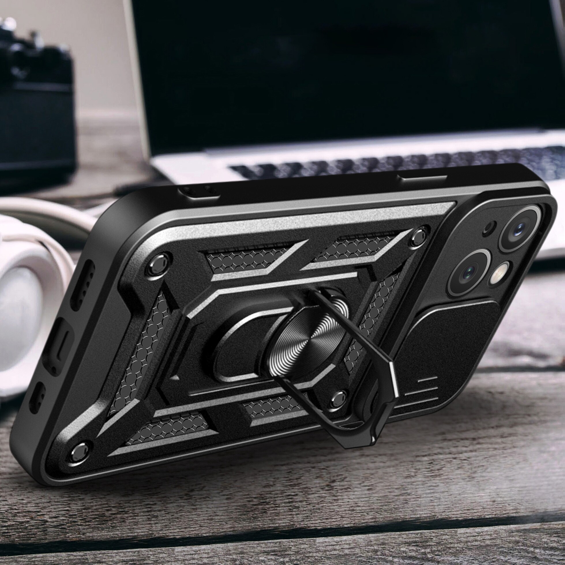 Hybrid Armor Camshield-fodral med stativ och kameraskydd för iPhone 15 Plus - Rosa