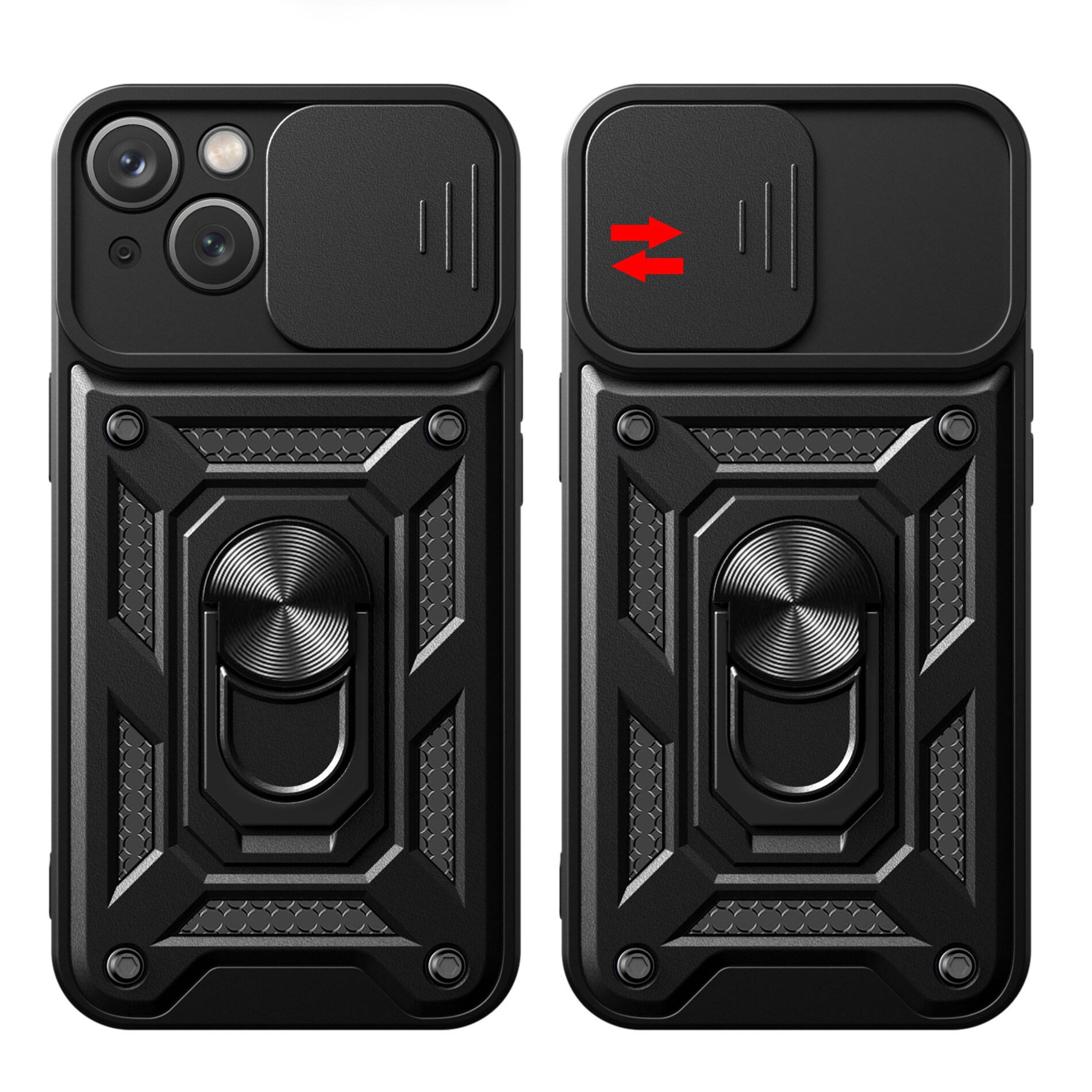 Hybrid Armor Camshield-fodral med stativ och kameraskydd för iPhone 15 Plus - Rosa