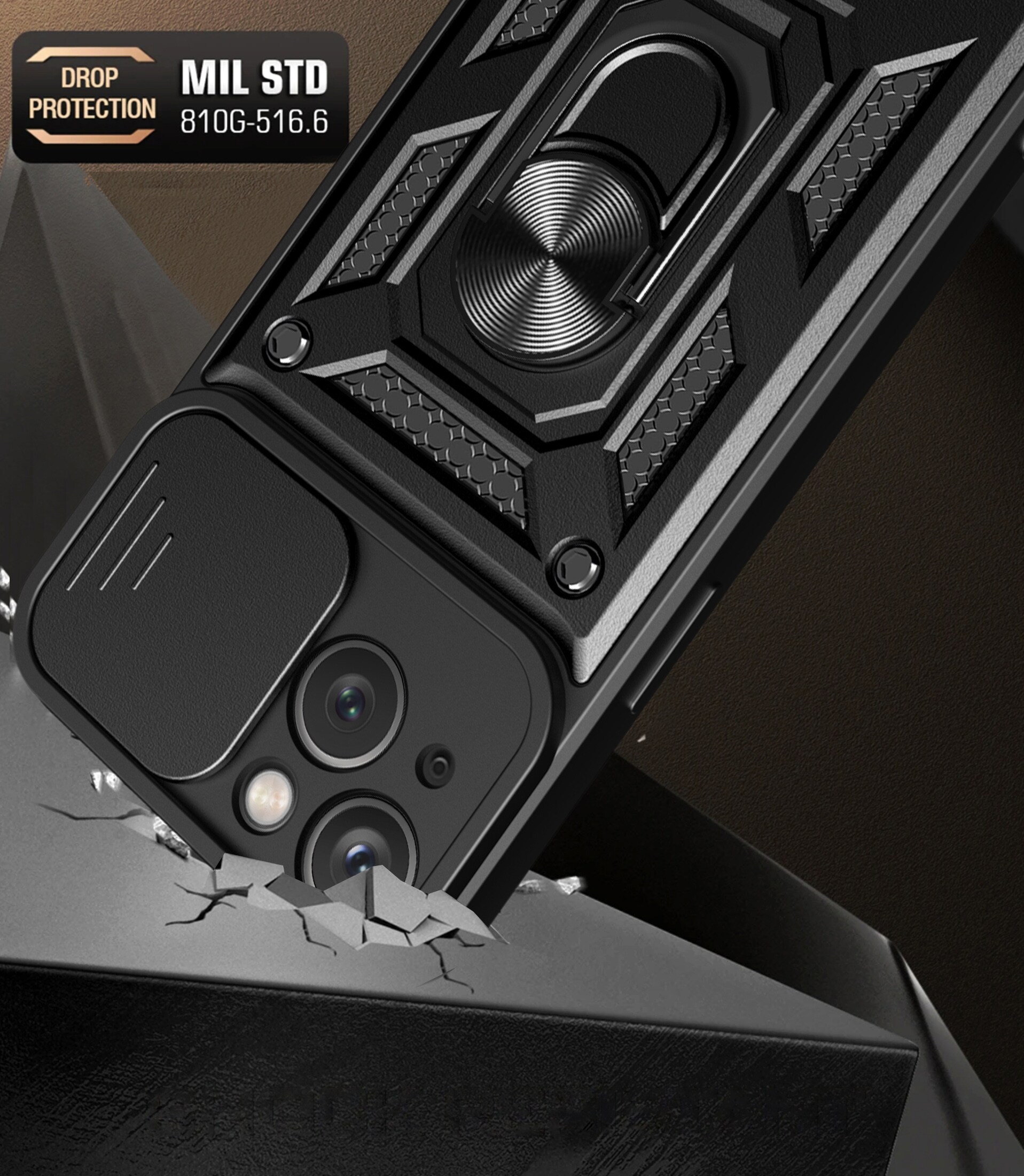 Hybrid Armor Camshield-fodral med stativ och kameraskydd för iPhone 15 Plus - Svart