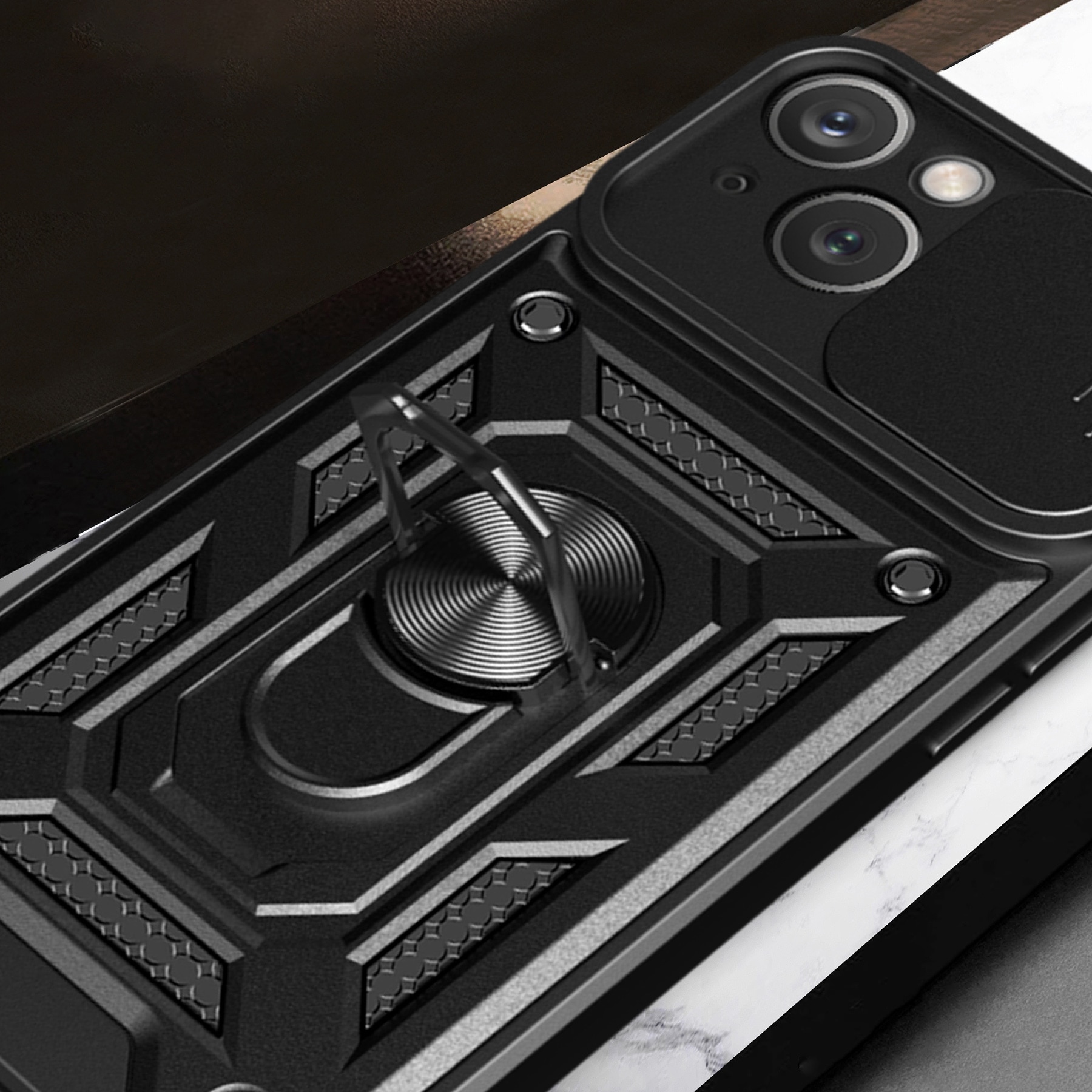 Hybrid Armor Camshield-fodral med stativ och kameraskydd för iPhone 15 Plus - Svart
