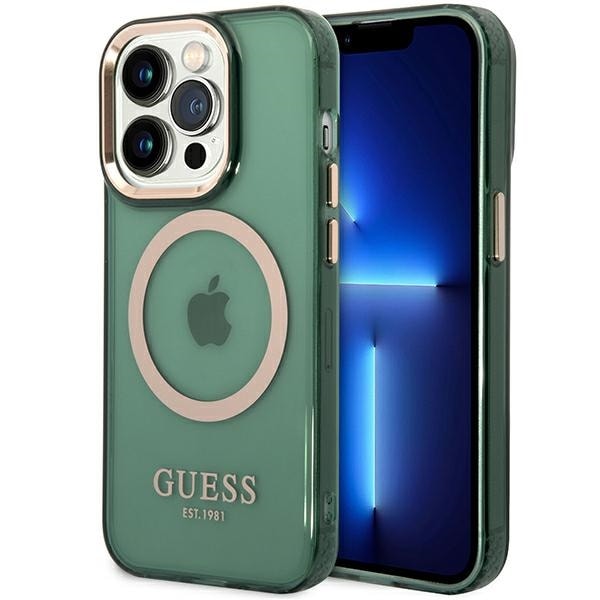 Guess GUHMP14XHTCMA iPhone 14 Pro Max 6,7" grön/khaki hårt fodral Gold Outline Genomskinlig MagSafe