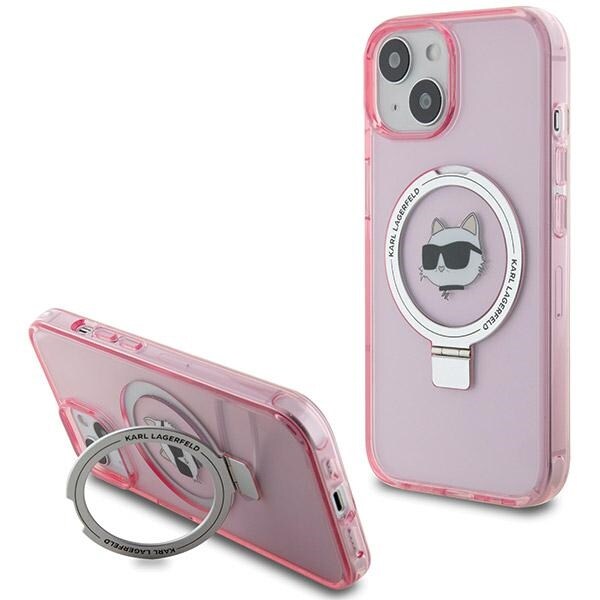 Karl Lagerfeld KLHMP15SHMRSCHP iPhone 15 6,1" rosa hårt fodral Choupette Head MagSafe Ringställ