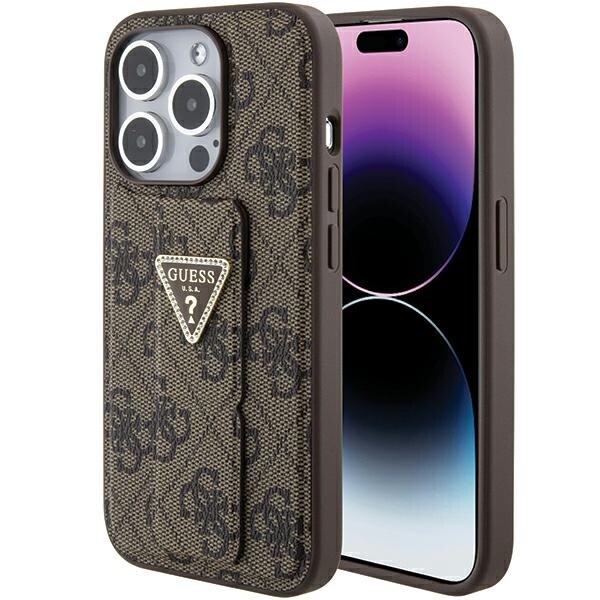 Guess Grip Stand 4G Triangle Strass-fodral för iPhone 15 Pro Max - brun