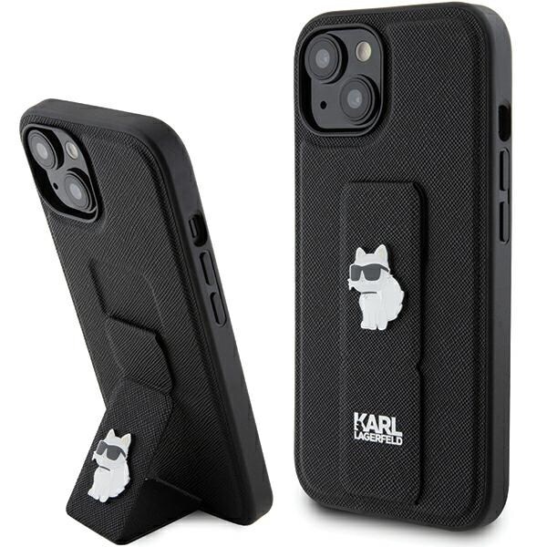 Karl Lagerfeld Gripstand Saffiano Choupette Pins Fodral för iPhone 15 Plus / 14 Plus - Svart