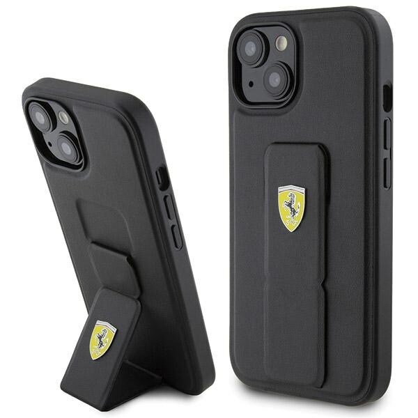 Ferrari Grip Stand Metal Logo fodral för iPhone 15 - svart