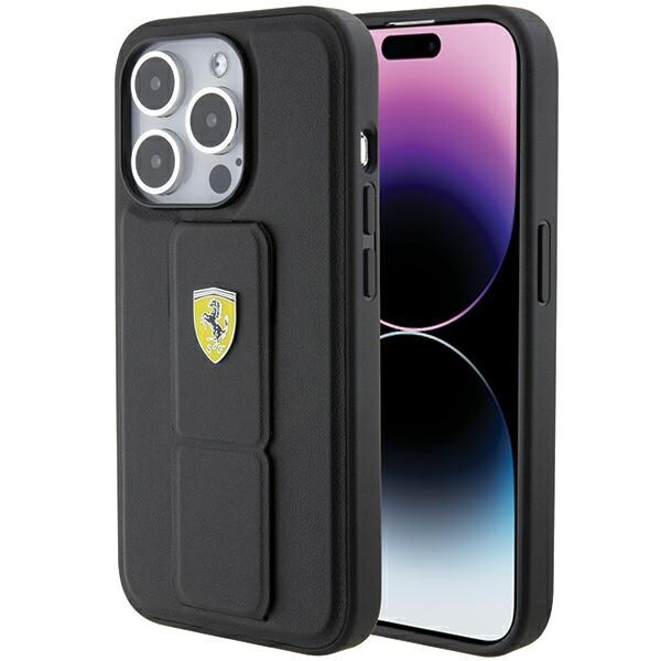 Ferrari Grip Stand Metal Logo fodral för iPhone 15 Pro Max - svart