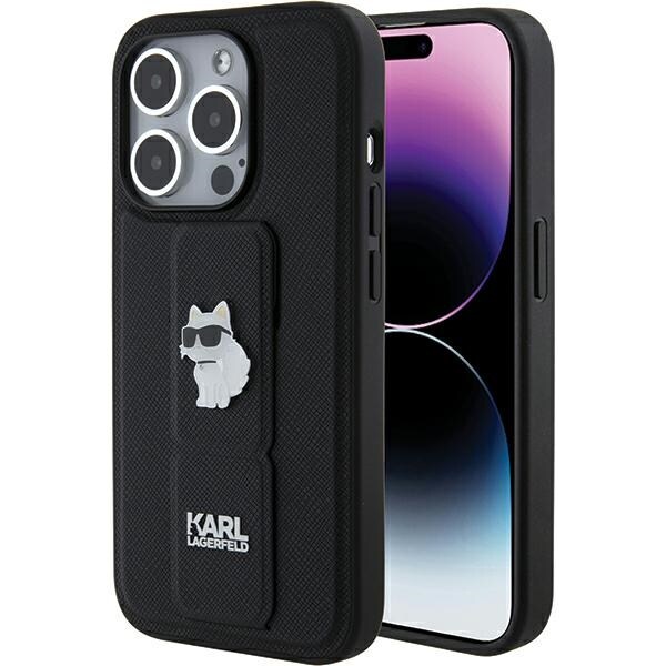 Karl Lagerfeld Gripstand Saffiano Choupette Pins fodral för iPhone 15 Pro Max - svart