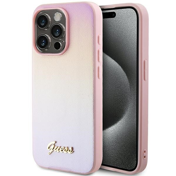 Guess Saffiano Iridescent Script-fodral för iPhone 14 Pro Max - rosa