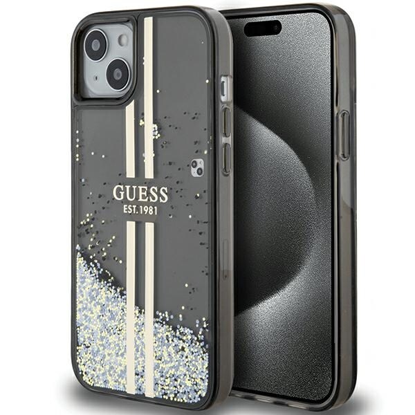 Guess Liquid Glitter Gold Stripes-fodral för iPhone 15 Plus / 14 Plus - svart