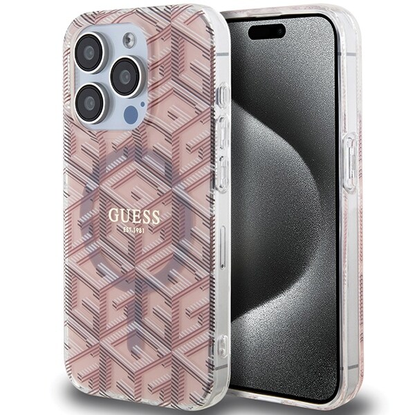 Guess IML GCube MagSafe-fodral för iPhone 15 Pro - rosa