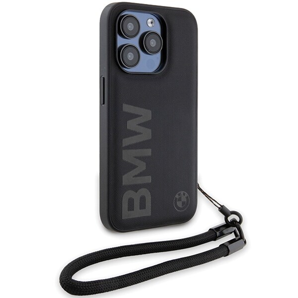 BMW Signature Leather Wordmark Cord-etui til iPhone 15 Pro - sort