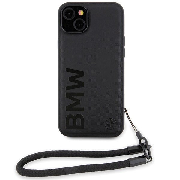 BMW Signature Leather Wordmark Cord-etui til iPhone 15 Plus / 14 Plus - sort