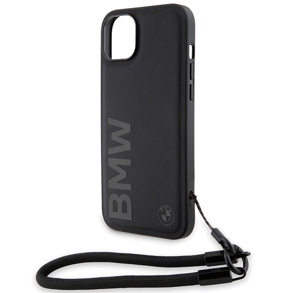 BMW Signature Leather Wordmark Cord-etui til iPhone 15 Plus / 14 Plus - sort