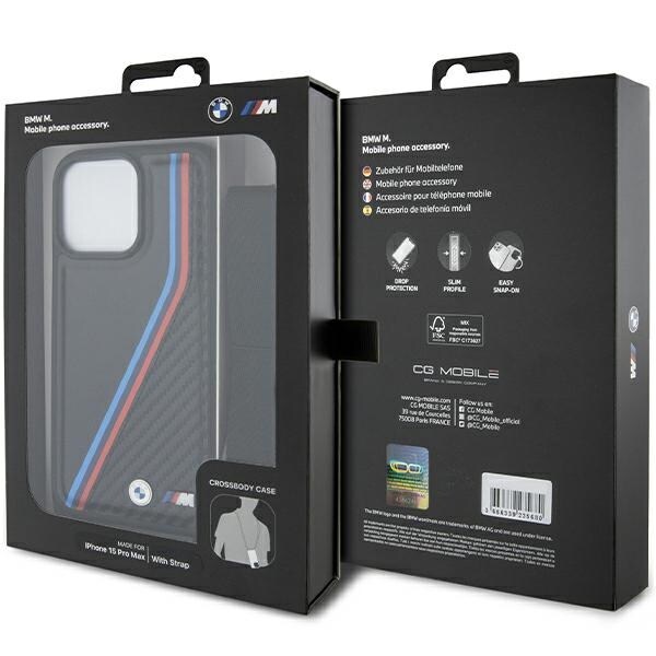 BMW M Edition Carbon Tricolor Lines & Strap-fodral för iPhone 15 Pro Max - svart