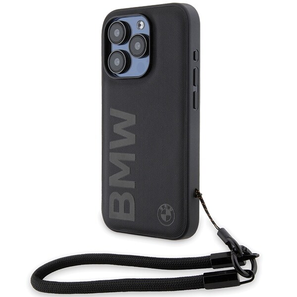 BMW Signature Leather Wordmark Cord-fodral för iPhone 15 Pro Max - svart