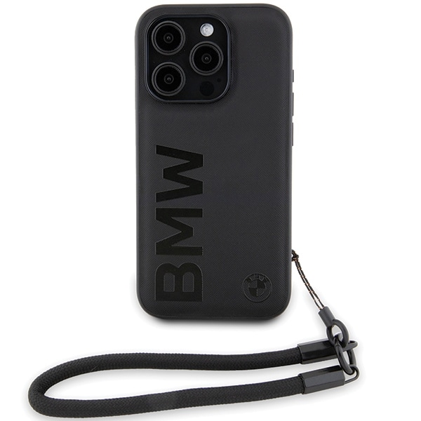 BMW Signature Leather Wordmark Cord-fodral för iPhone 15 Pro Max - svart