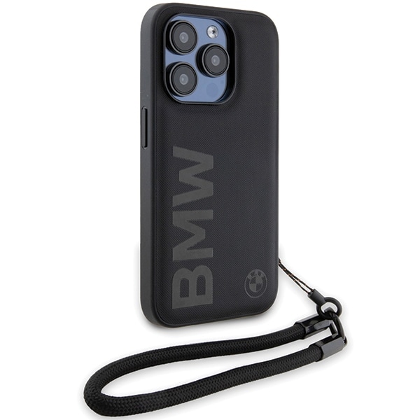BMW Signature Leather Wordmark Cord-fodral för iPhone 15 Pro Max - svart