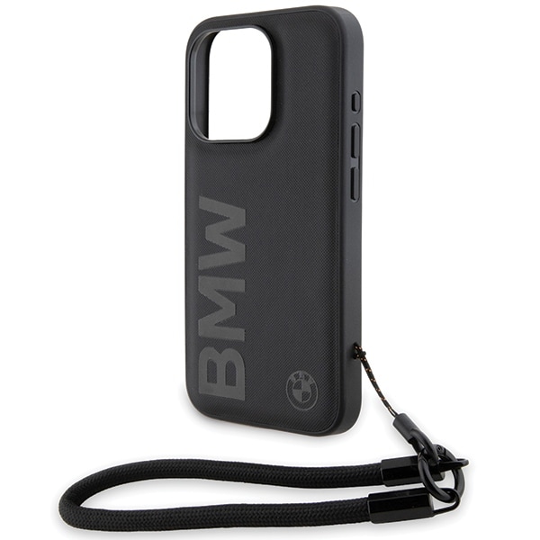BMW Signature Leather Wordmark Cord-fodral för iPhone 15 Pro Max - svart
