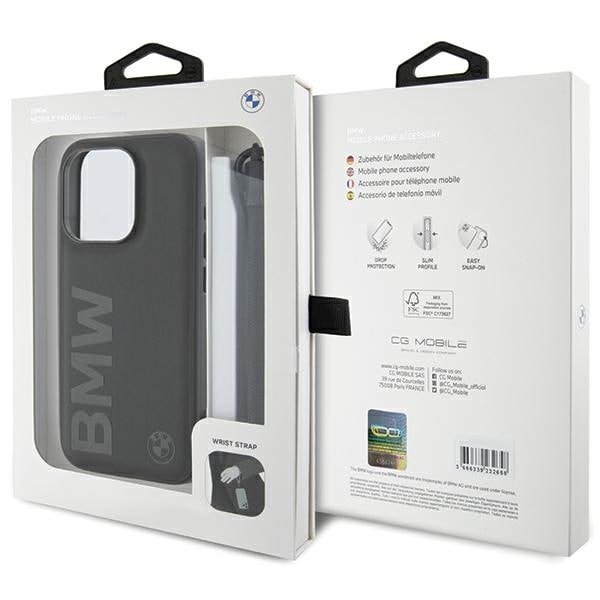 BMW Signature Leather Wordmark Cord-fodral för iPhone 15 Pro Max - svart