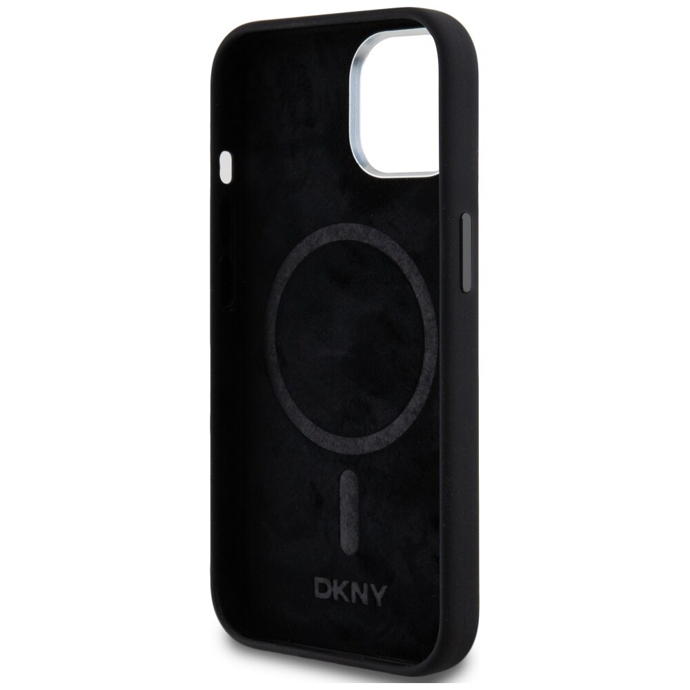 DKNY Liquid Silicone Small Metal Logo MagSafe-fodral för iPhone 14/15/13 - Svart