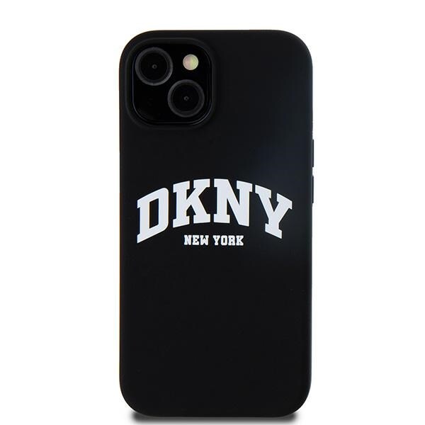DKNY Liquid Silicone White Printed Logo MagSafe-etui til iPhone 15 Plus / 14 Plus - Sort