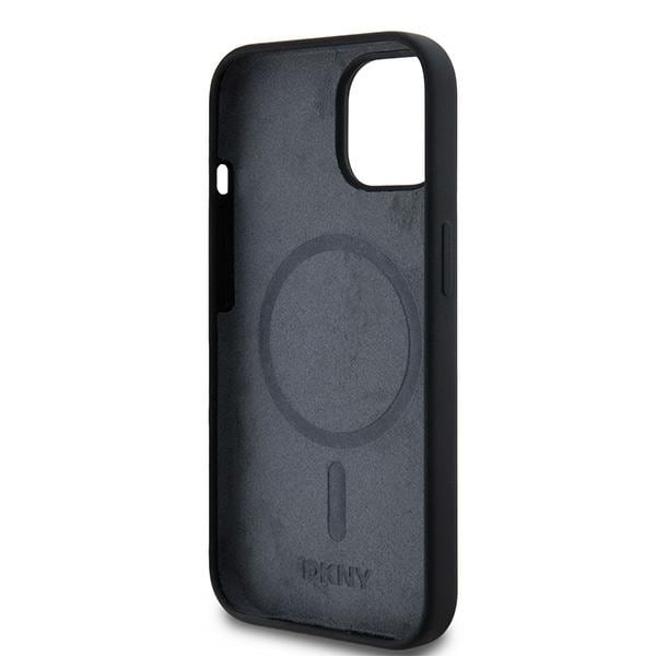DKNY Liquid Silicone White Printed Logo MagSafe-etui til iPhone 15 Plus / 14 Plus - Sort