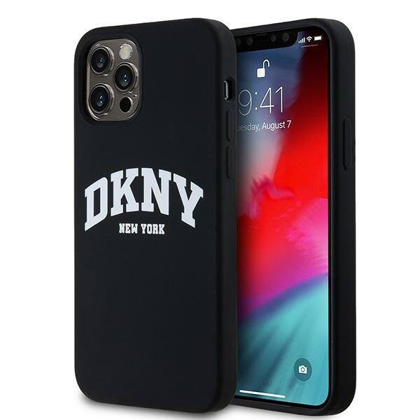 DKNY MagSafe-fodral i flytande silikon med vit tryckt logotyp för iPhone 12/12 Pro - Svart