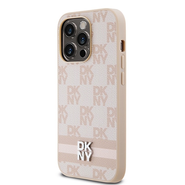 DKNY læderetui med ternet ensfarvet mønster og trykte striber til iPhone 14 Pro - pink