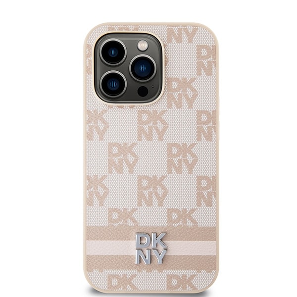 DKNY læderetui med ternet ensfarvet mønster og trykte striber til iPhone 14 Pro - pink