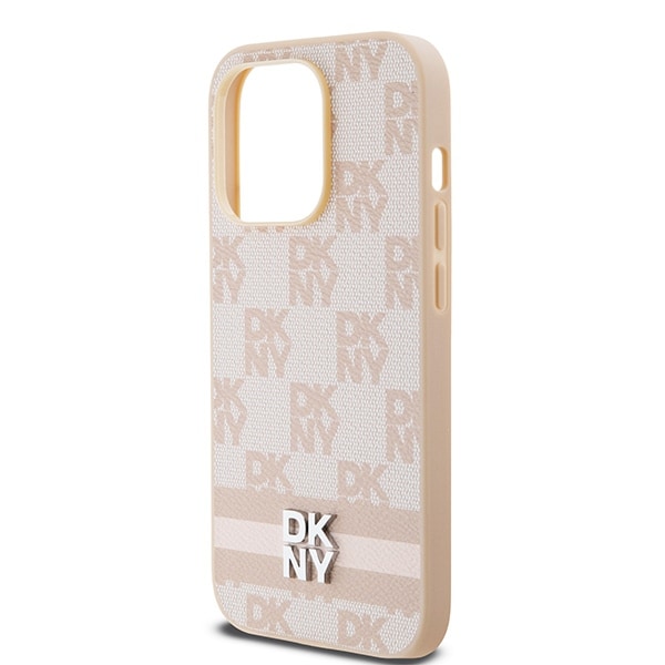 DKNY læderetui med ternet ensfarvet mønster og trykte striber til iPhone 14 Pro - pink
