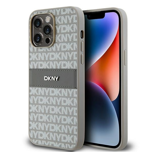 DKNY läderfodral med monostripe och metallogo för iPhone 14 Pro - beige
