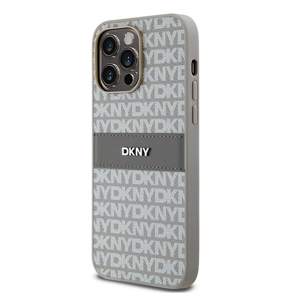 DKNY läderfodral med monostripe och metallogo för iPhone 14 Pro - beige
