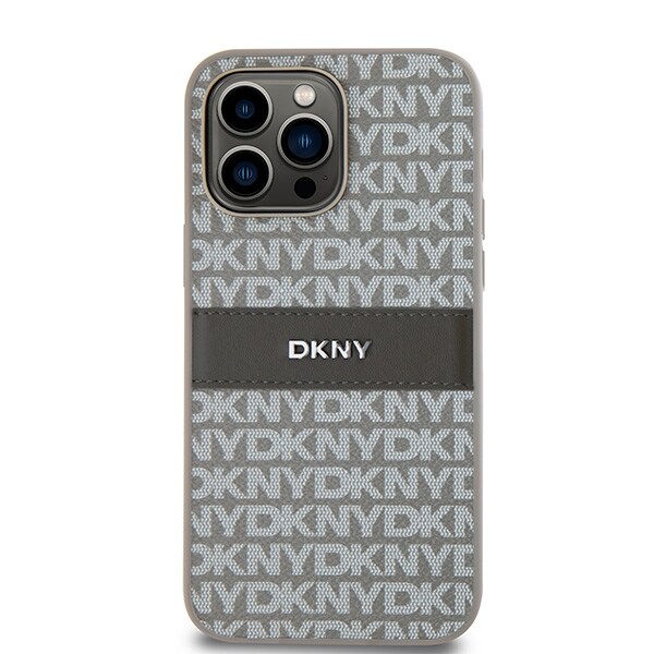 DKNY läderfodral med monostripe och metallogo för iPhone 14 Pro - beige