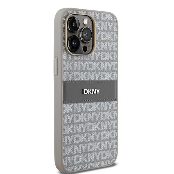 DKNY läderfodral med monostripe och metallogo för iPhone 14 Pro - beige
