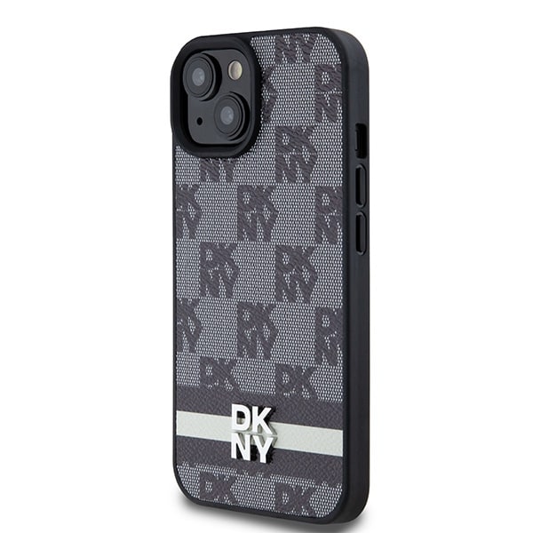 DKNY läderfodral med rutigt monomönster och tryckta ränder för iPhone 15/14/13 - Svart